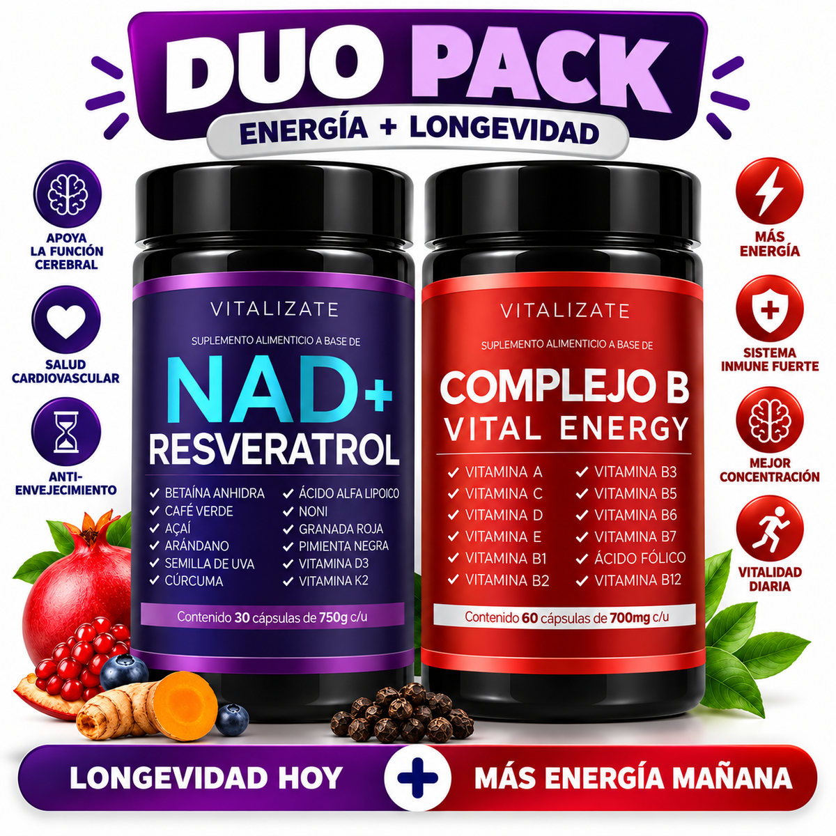 Dúo Energía y Longevidad | NAD+ Resveratrol + Complejo B