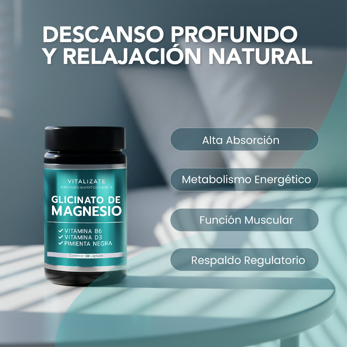 Glicinato de Magnesio 2700 mg con B6, D3 y Pimienta Negra