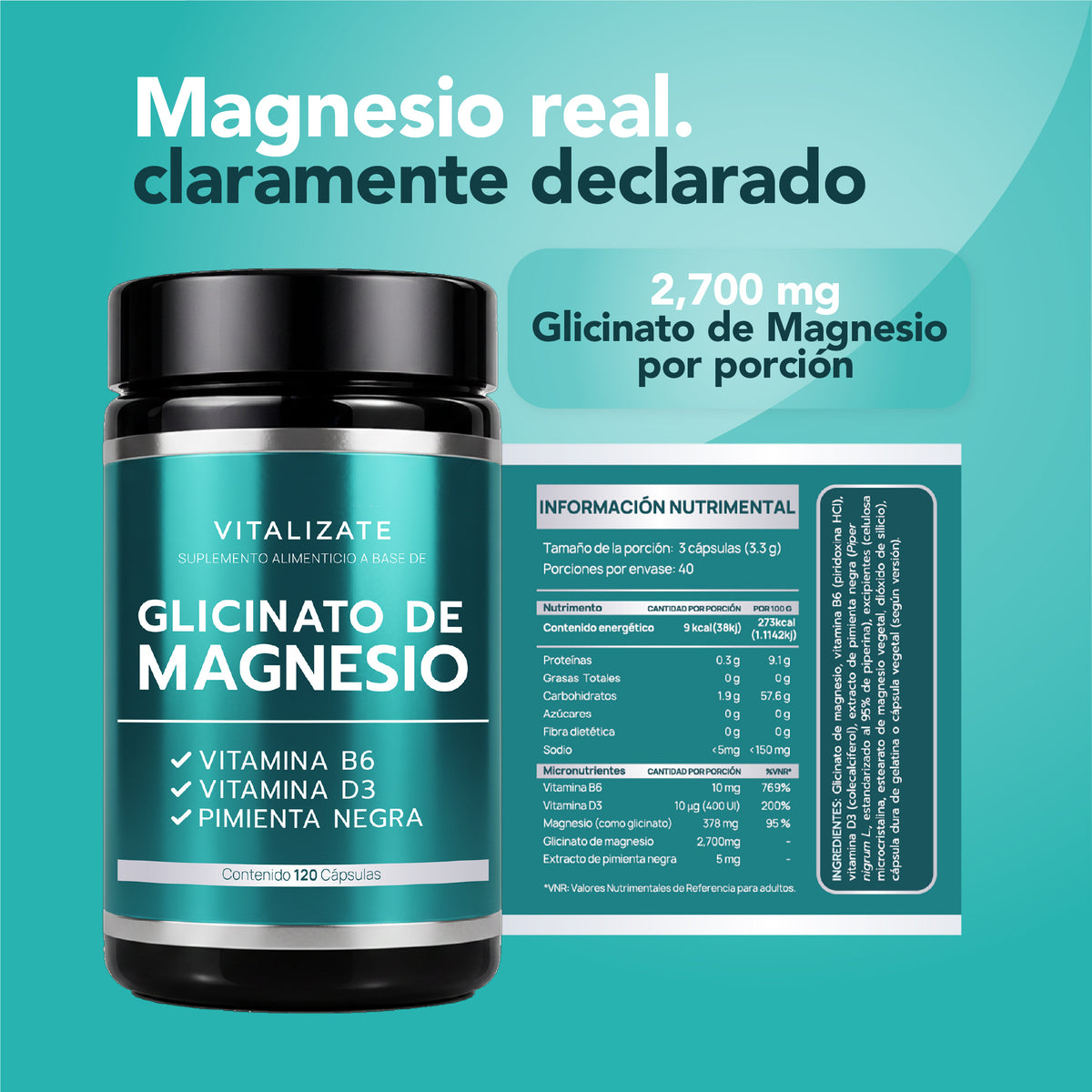 Glicinato de Magnesio 2700 mg con B6, D3 y Pimienta Negra