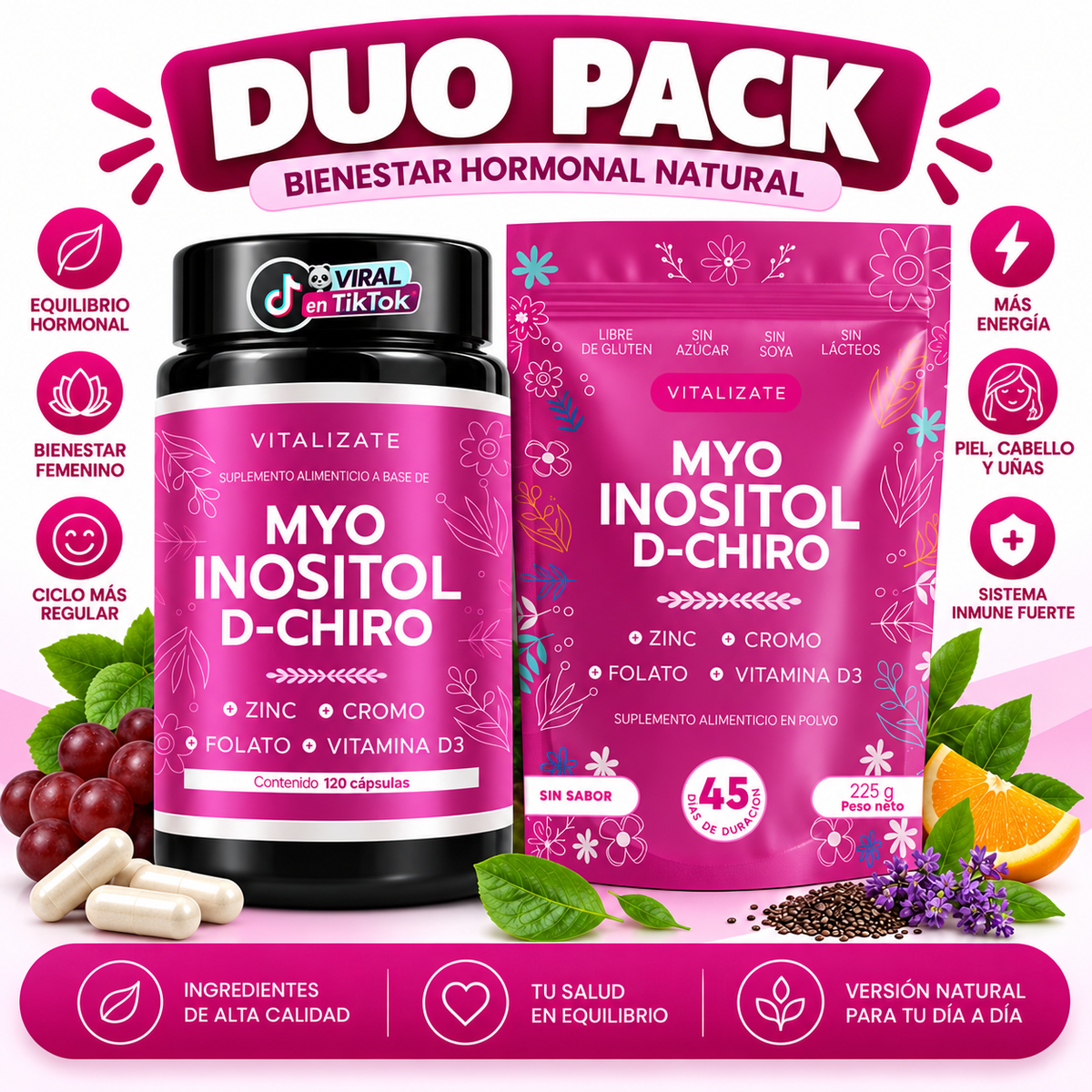 Dúo Myo Inositol D-Chiro | 120 cápsulas + 225 g en polvo